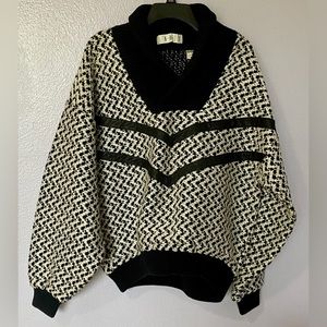 INDEX 80’s Chunky Men’s Sweater Size L Zig Zag Pattern Leather Trim Black White